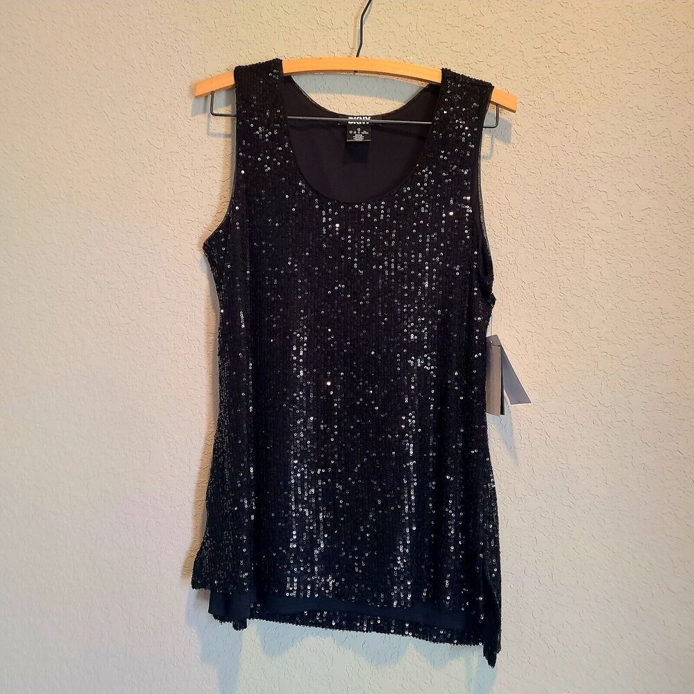 DKNY Women's XS Sequined Black Scoop Neck Tank Top‎ NEW & STUNNING MSRP $79
